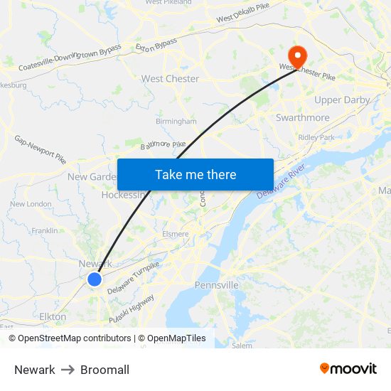 Newark to Broomall map