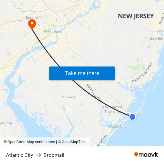 Atlantic City to Broomall map