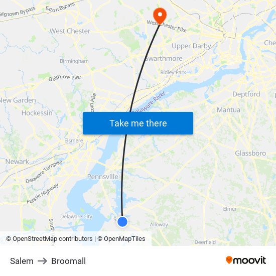 Salem to Broomall map