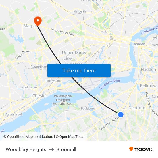 Woodbury Heights to Broomall map