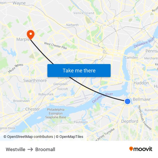 Westville to Broomall map