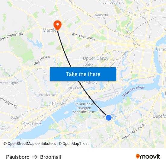 Paulsboro to Broomall map