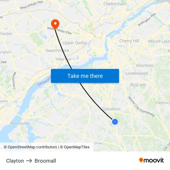 Clayton to Broomall map