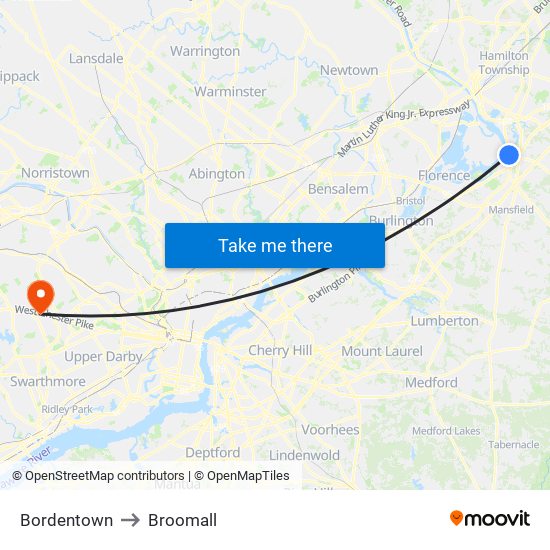 Bordentown to Broomall map