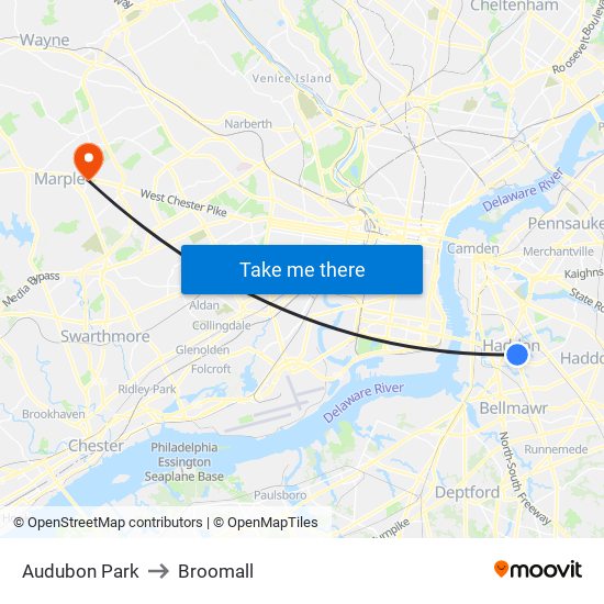 Audubon Park to Broomall map