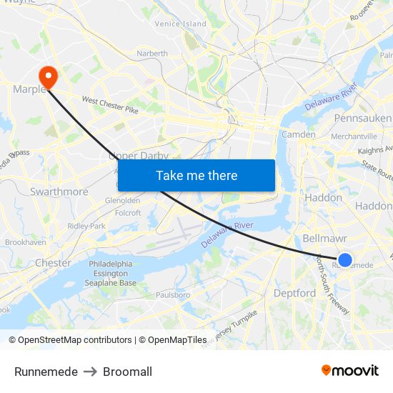 Runnemede to Broomall map