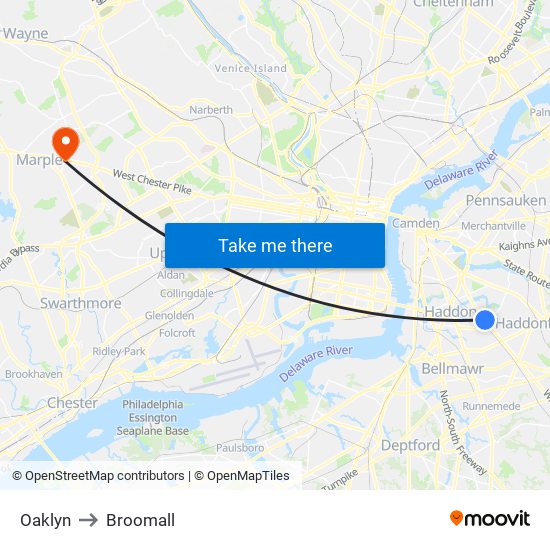 Oaklyn to Broomall map