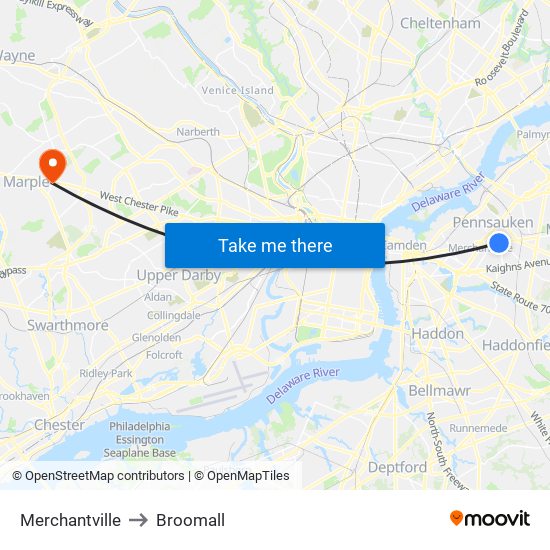 Merchantville to Broomall map