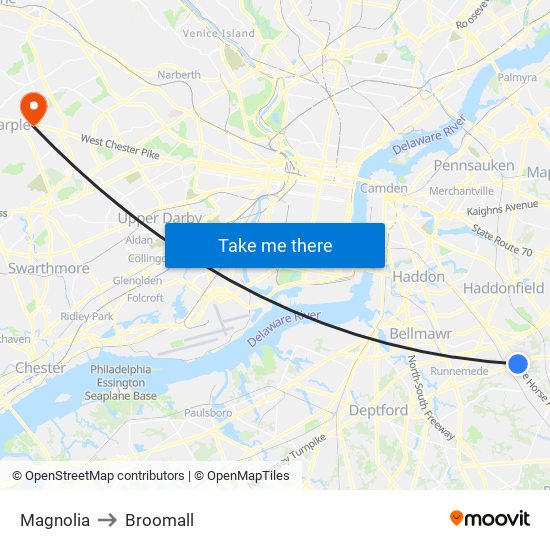 Magnolia to Broomall map
