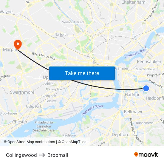 Collingswood to Broomall map