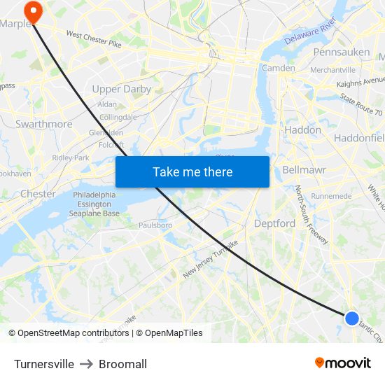 Turnersville to Broomall map