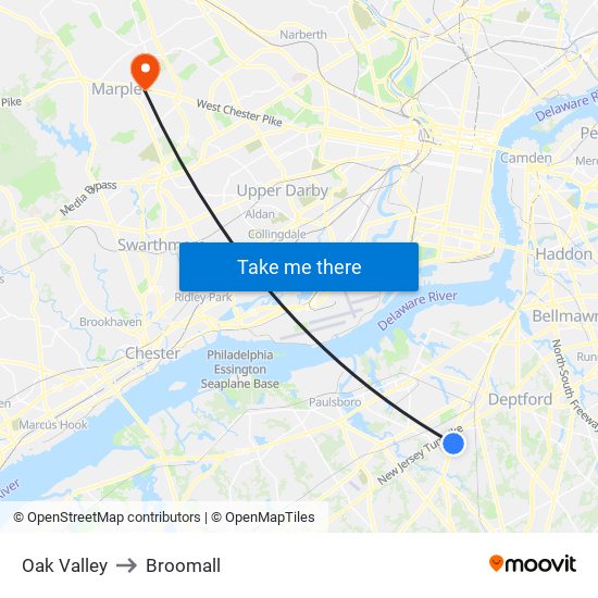 Oak Valley to Broomall map