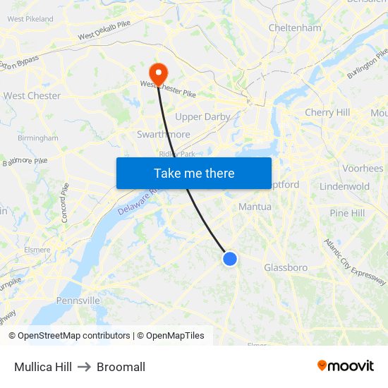 Mullica Hill to Broomall map