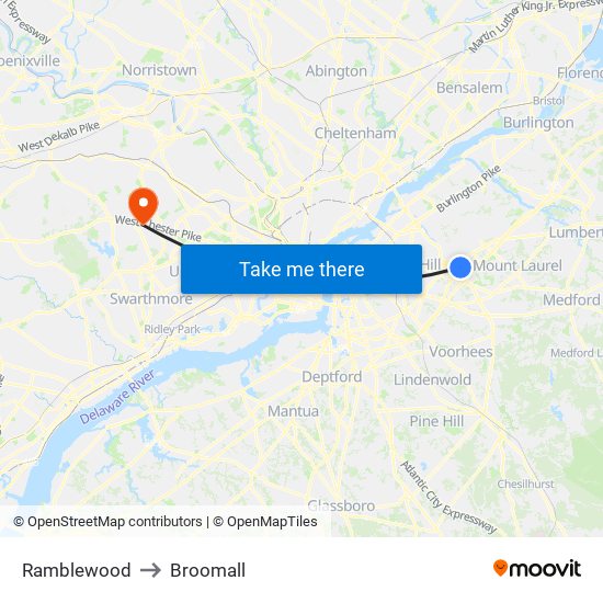 Ramblewood to Broomall map