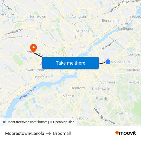 Moorestown-Lenola to Broomall map