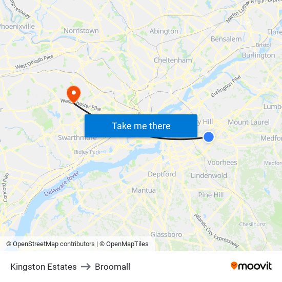 Kingston Estates to Broomall map