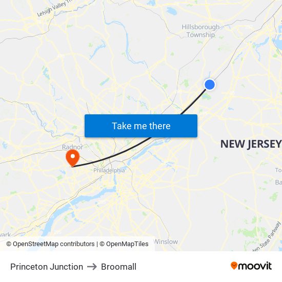Princeton Junction to Broomall map
