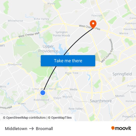 Middletown to Broomall map