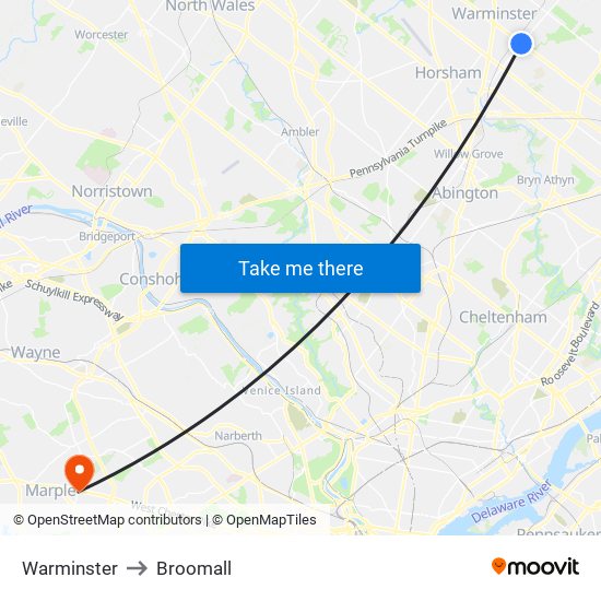 Warminster to Broomall map