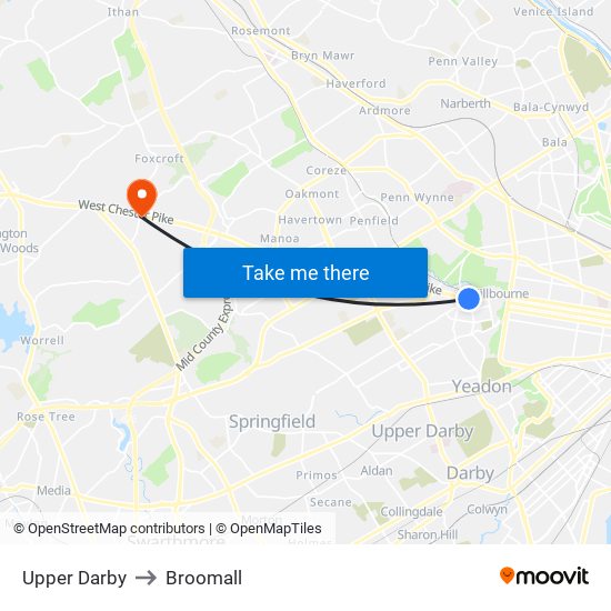Upper Darby to Broomall map