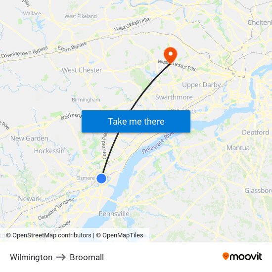 Wilmington to Broomall map