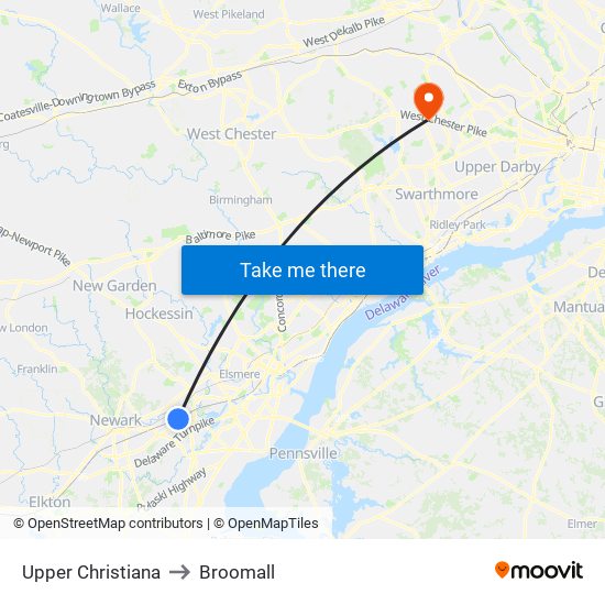 Upper Christiana to Broomall map