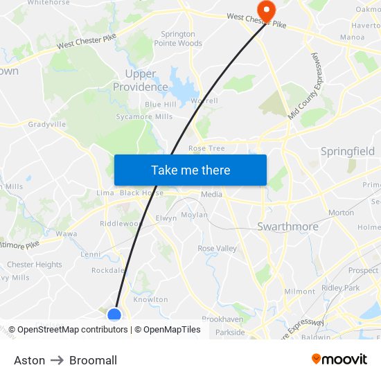 Aston to Broomall map