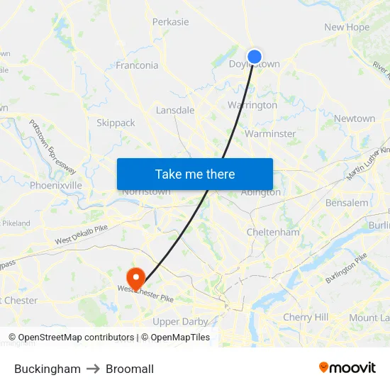 Buckingham to Broomall map