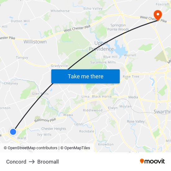 Concord to Broomall map