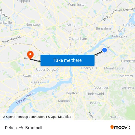 Delran to Broomall map