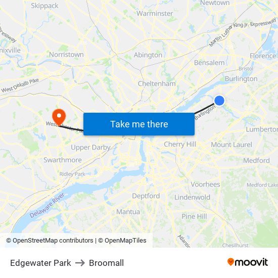 Edgewater Park to Broomall map