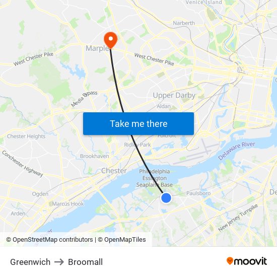 Greenwich to Broomall map