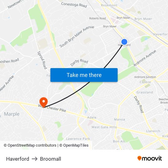 Haverford to Broomall map