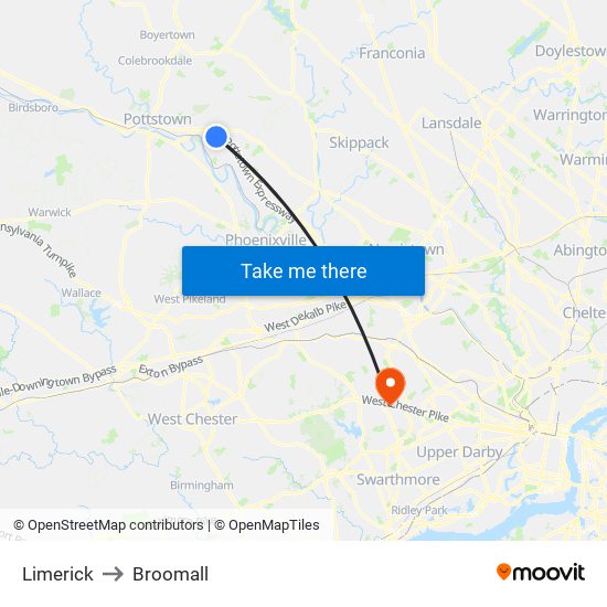 Limerick to Broomall map