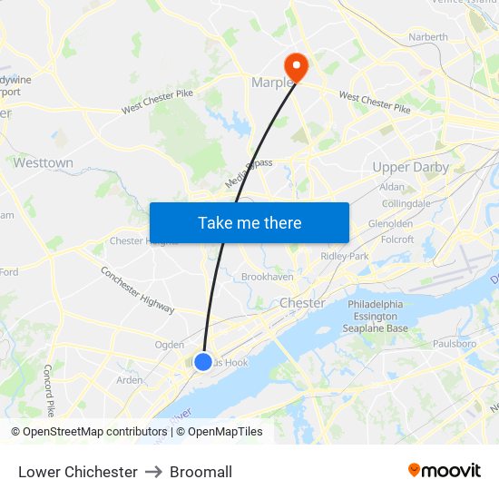 Lower Chichester to Broomall map