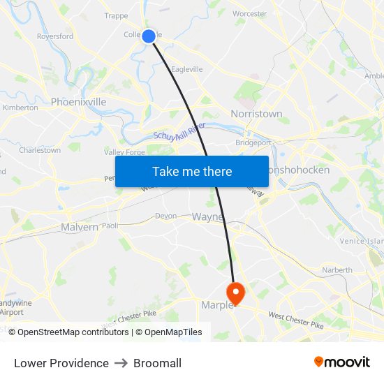 Lower Providence to Broomall map