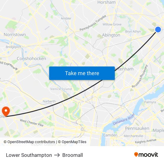 Lower Southampton to Broomall map