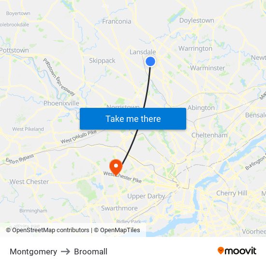 Montgomery to Broomall map