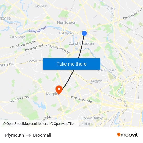 Plymouth to Broomall map
