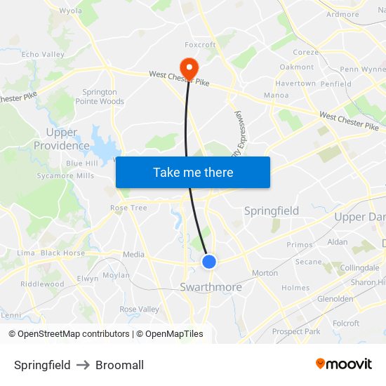 Springfield to Broomall map