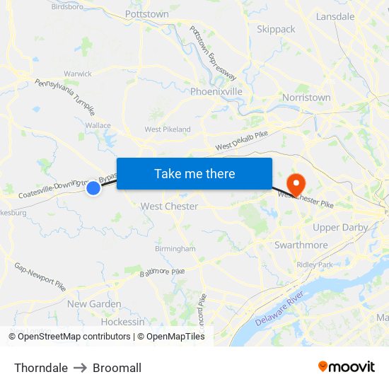 Thorndale to Broomall map