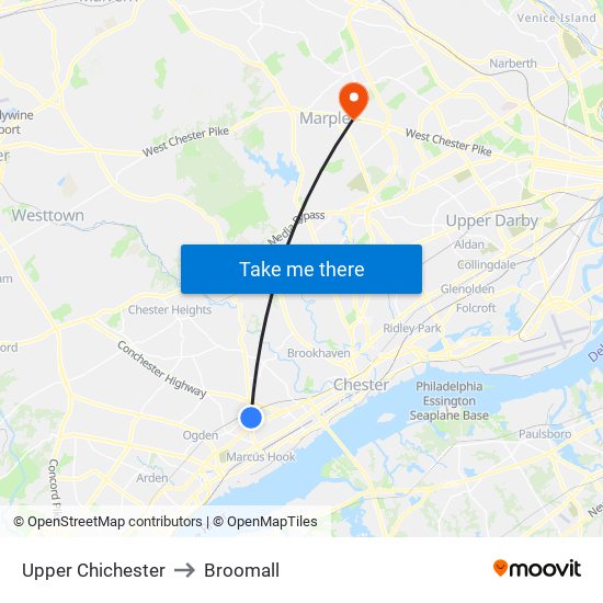 Upper Chichester to Broomall map