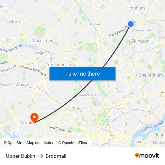 Upper Dublin to Broomall map