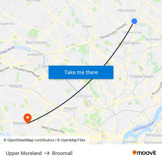 Upper Moreland to Broomall map