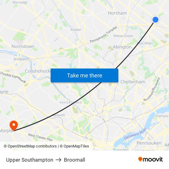 Upper Southampton to Broomall map