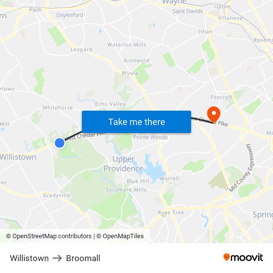 Willistown to Broomall map