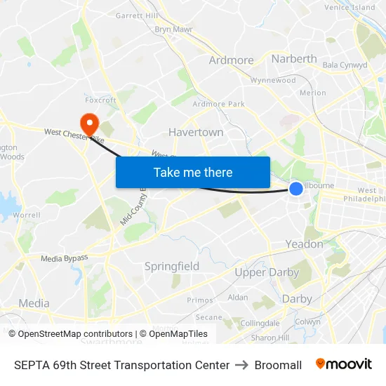 SEPTA 69th Street Transportation Center to Broomall map