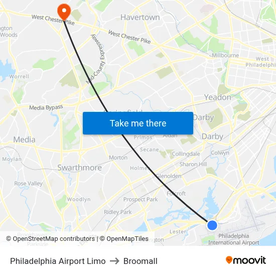 Philadelphia Airport Limo to Broomall map