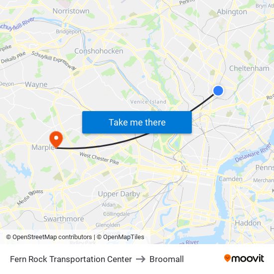 Fern Rock Transportation Center to Broomall map