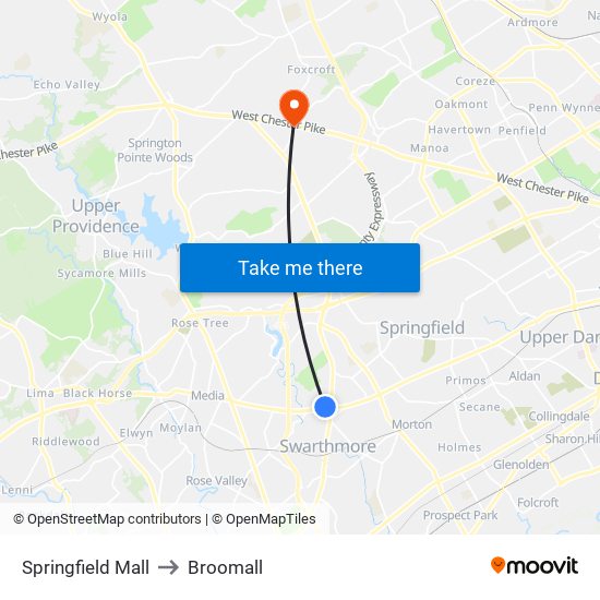 Springfield Mall to Broomall map